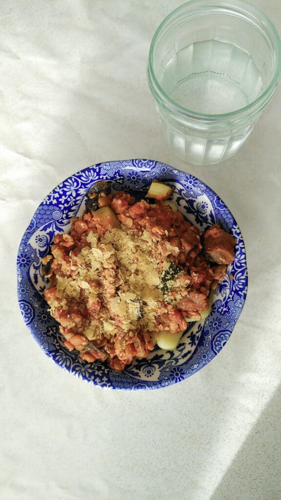 Gnocchi with aubergine + a tomato and lentil sauce - vegan dinners for meat-eaters