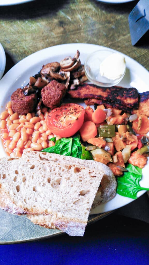 Vegan English breakfast with tempeh "bacon" - whole food plant-based breakfast